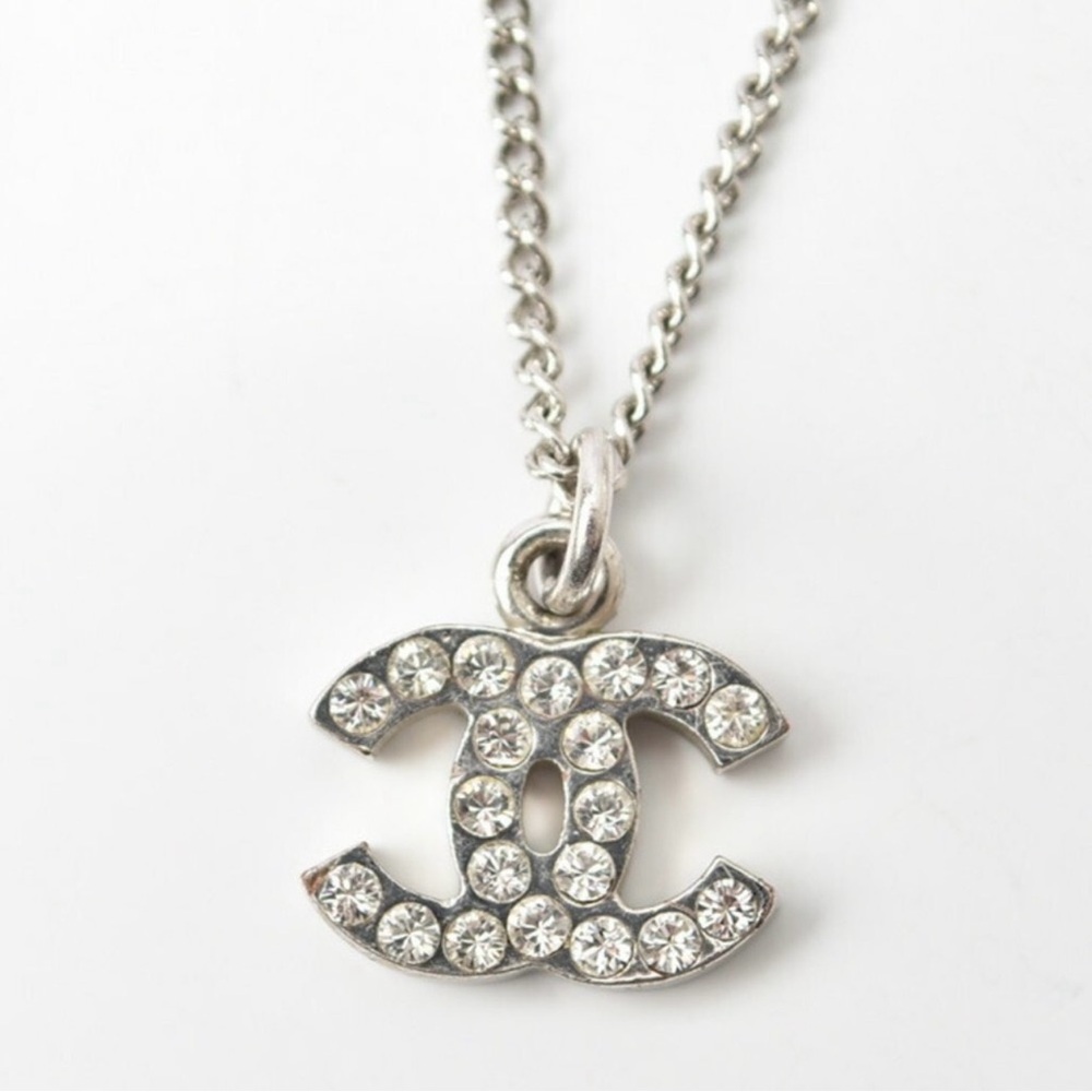 CHANEL Silver and Crystal Logo Necklace